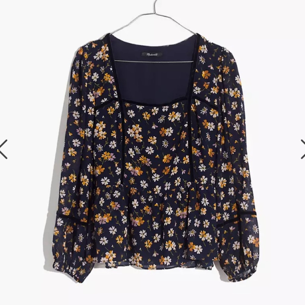 Madewell Velvet Trimmed Square Neck Blue Floral Top XS in Petal Party Coquette